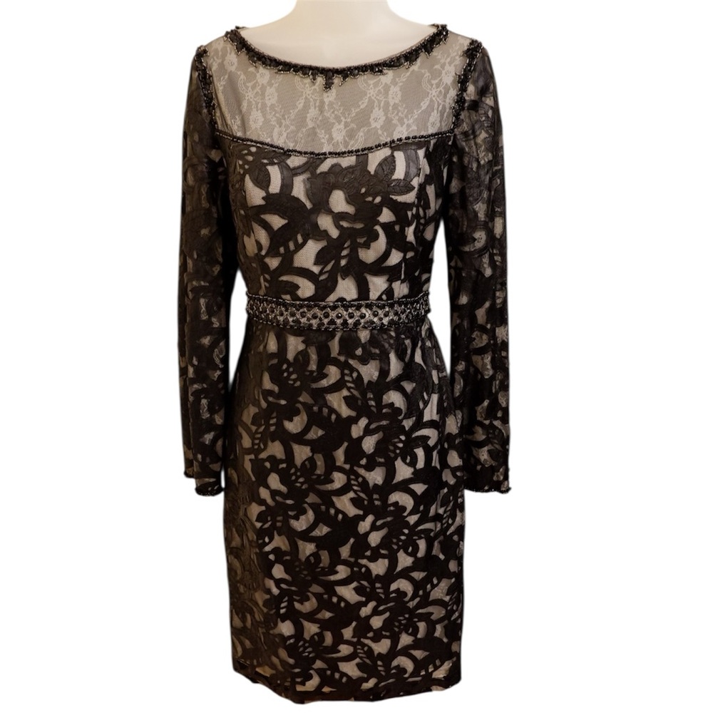 Sue Wong Black and White Sheath Dress with Sleeves